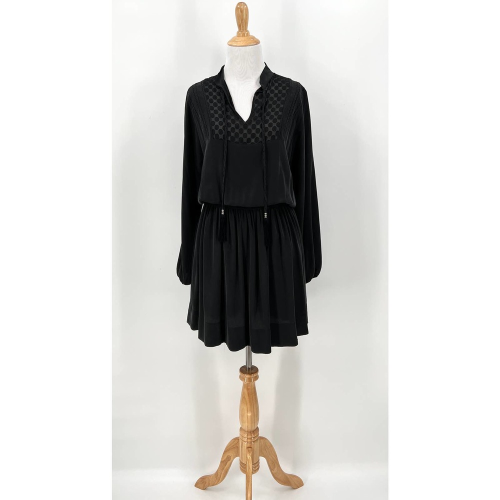 SEE BY CHLOE Dress Womens 4 Black Silk Embroidered Long Sleeve Sheer Panel